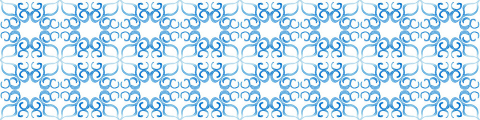 Watercolor social media border pattern seamless. Blue ceramic ornament texture. Portuguese azulejos, sicily italian majolica, mexican talavera, spanish, moroccan arabesque motifs. White isolated.