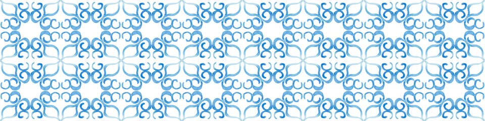Fototapete Portugal Keramikfliesen Muster  Watercolor social media border pattern seamless. Blue ceramic ornament texture. Portuguese azulejos, sicily italian majolica, mexican talavera, spanish, moroccan arabesque motifs. White isolated.  © Анастасия Ильина
