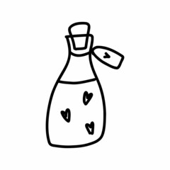 Vector illustration of love potion in doodle style. Black ink silhouette of a flask with hearts on white background