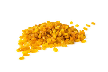 Bunch of golden yellow raisins isolated on white background 