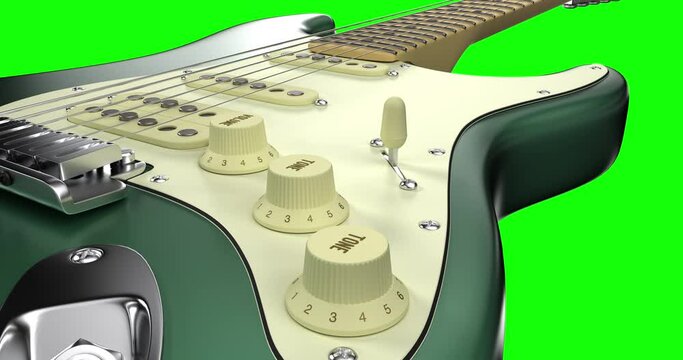 Surf Green Beautiful Electric Guitar Flying. Macro Shot With Alpha And Luma Channel. Art And Entertainment Related 4K 3D Motion Graphics.