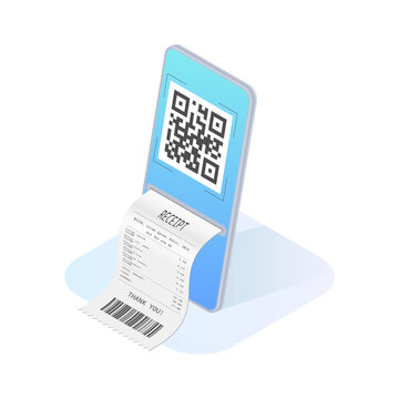 Qr code pay. 3d, isometric Mobile phone with receipt or bill. Qrcode scan by smartphone. Online payment concept. Vector illustration.