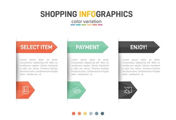 Concept of shopping process with 3 successive steps. Three colorful graphic elements. Timeline design for brochure, presentation, web site. Infographic design layout.