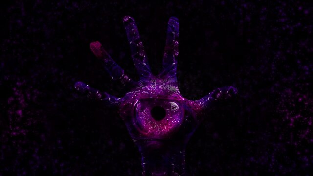 The hand is the eye. Esoterics. 4K. Mystic. Clairvoyance. Projection of graphics on a 3D palm.