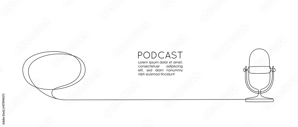 Poster Continuous one line drawing of podcast microphone and chat bubble. Vintage old mike in simple linear style for banner music, news, webinar, online training. Editable stroke. Doodle Vector illustration