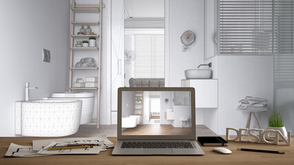 Architect designer desktop concept, laptop on wooden work desk with screen showing interior design project, blueprint draft background, modern white & wooden bathroom with sink