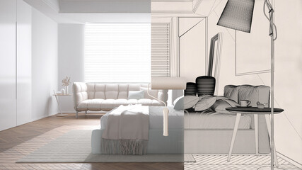 Paint roller painting interior design blueprint sketch background while the space becomes real showing modern bedroom. Before and after concept, architect designer creative work flow
