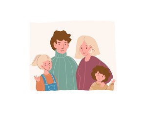 Obraz na płótnie Canvas Vector cartoon flat happy family characters parents and kids.Mom,dad,daughter and son smiling and waving hands-positive emotions,healthy family relationships social concept,web site banner ad design