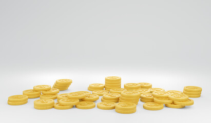 3D Rendering of abundance of yellow dollar coins on white background with copy space banner. 3D Render illustration.