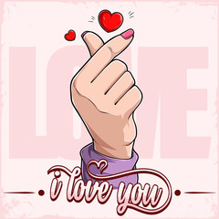 I love you lettering poster with a cute woman hand doing the k pop sign with her fingers