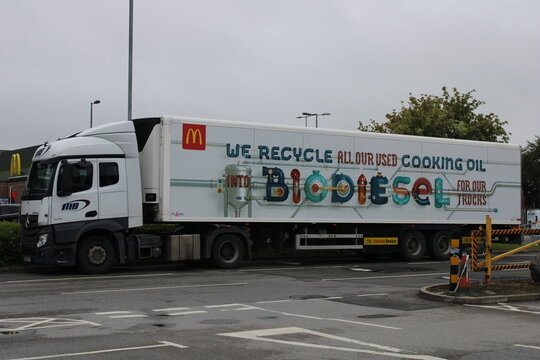 McDonalds Truck With We Recycle All Our Cooking Oil Into Biodiesel For Our Trucks. 21-08-2021, Lancashire, UK.  Recycling Cooking Oil Concept