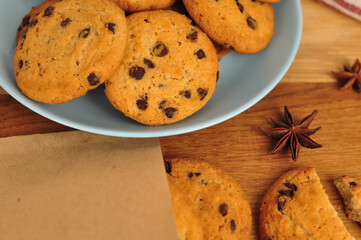 sweet crunchy cookies with dark chocolate for teatime