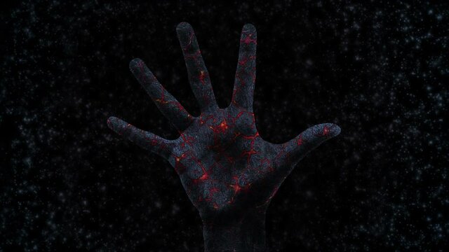 Hand in stone with lava veins. 4K. Projection of igneous rock onto a 3D palm.