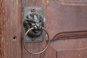 Antique metal door knocking knob ring in the form of a lion's face on an old door.