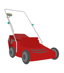 Red lawn mower isolated on white background. Flat style. Perspective view. Vector illustration