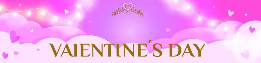 A poster or banner with many hearts and a luminous garland and clouds on a light pink background. Promotion and shopping template or background for love and valentine's day concept