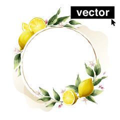 Hand-drawn watercolor painting lemon frame on white background. Vector illustration of green leaves, flowers, buds, and branches. - obrazy, fototapety, plakaty