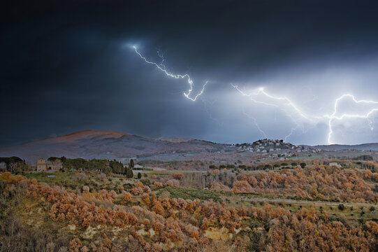 Lightning Strikes from a Storm over the Hills of Umbria
