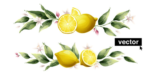 Beautiful horizontal vector pattern with watercolor yellow lemon fruits, leaves, and flowers. - obrazy, fototapety, plakaty