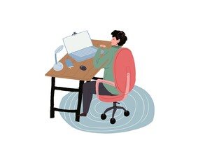 Vector cartoon flat man character sits at table,young guy studies and works using computer-distance education and working,online learning and freelance work concept,web site banner ad design