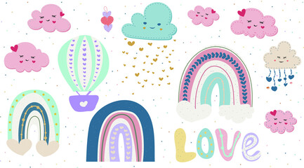 Vector of the love stickers - Love, rainbow and cloud clipart