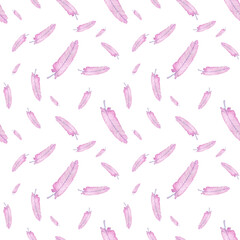 Pink feathers on the white background. Watercolor hand-drawn illustration. Bird feather seamless pattern.