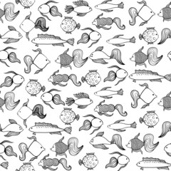 Sea, nautical, marine linear pattern with isolated hand painted objects: fish. Underwater life. Aquatic illustration for design, print, fashion, fabric, wallpaper, web or background.