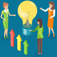 Fototapeta na wymiar Isometric light bulb as symbol of new creative idea. People working on development of business plan. Planning startup, successful strategy concept. Women discussing new project, develop idea