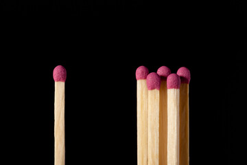 One matchstick and a group of matches. Concept of team, cooperation, loneliness, togetherness