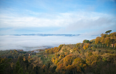 Beautiful View of the Hills of Umbria Italy in Winter with Fog