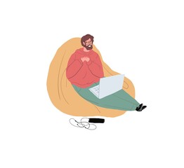 Vector cartoon flat man character sits in bag chair,uses laptop,joyfully talk smiling-mobile app using,positive emotions,relationships,online social communication concept,web site banner ad design