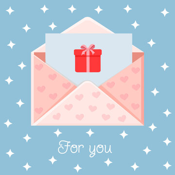 Greeting card with an envelope and a gift. Love message. Love letter for Valentine's Day for poster, print, holiday card.