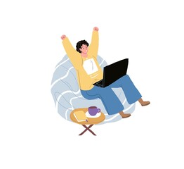 Vector cartoon flat man character sits in bag chair,uses laptop,joyfully gesticulate rejoicing success-mobile app using,positive emotions,online social communication concept,web site banner ad design