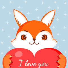 Cute fox is holding a big red heart. Vector fox illustration for valentine's day for postcard, textile, decor, poster. Love message. Greeting card.