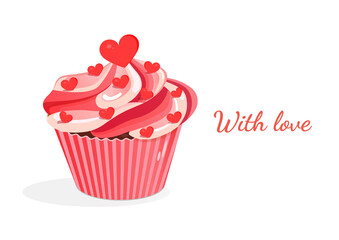Sweet pink cupcake with hearts. Vector illustration of cupcake icon for postcard, textile, decor, poster, banner. Greeting card for Valentine's Day and other holidays.