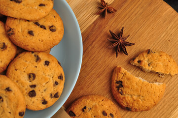 sweet crunchy cookies with dark chocolate for teatime