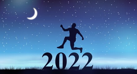 Silhouette the person jump to the New Year 2022 in night with full moon light.