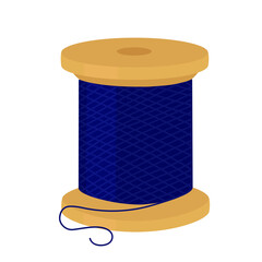 Wooden spool of blue cotton thread isolated on a white background. Vector illustration.