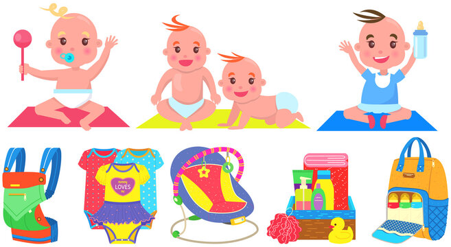 Multinational children, kids playing, baby care objects, newborn items supplies, set of icons. Toys, clothes, devices for transporting, bathing of babies. Babies in diapers crawling, smiling