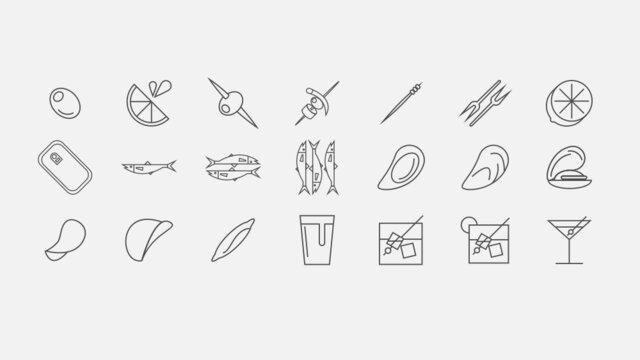 Iconos sencillos de aperitivo español o mediterráneo con marisco, patatas, aceitunas, vermouth y cerveza al sol