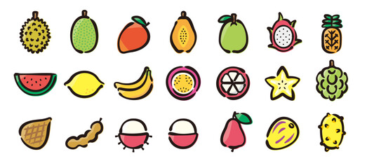 Tropical fruits icon set for graphic (Hand-drawn line, colored version)