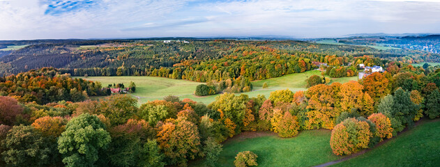 Autumn panorama of the Saxon Alps with the bend of the Elbe river near the town of Pirna