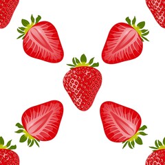 Berries and slices of sweet ripe strawberries seamless pattern. Red delicious strawberries on white background. Vector seamless background.