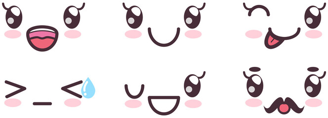 Fototapeta Kawaii cute faces on colorful backgrounds set. Manga style eyes and mouths. Funny cartoon japanese emotion in different face expressions. Anime characters and emotions. Eastern kawaii culture design obraz
