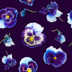 Viola. seamless floral watercolor pattern with purple and blue flowers on a dark background