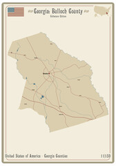 Map on an old playing card of Bulloch county in Georgia, USA.