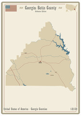 Map on an old playing card of Butts county in Georgia, USA.