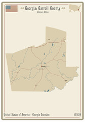 Map on an old playing card of Carroll county in Georgia, USA.
