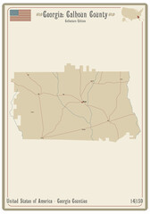 Map on an old playing card of Calhoun county in Georgia, USA.