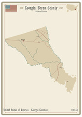 Map on an old playing card of Bryan county in Georgia, USA.